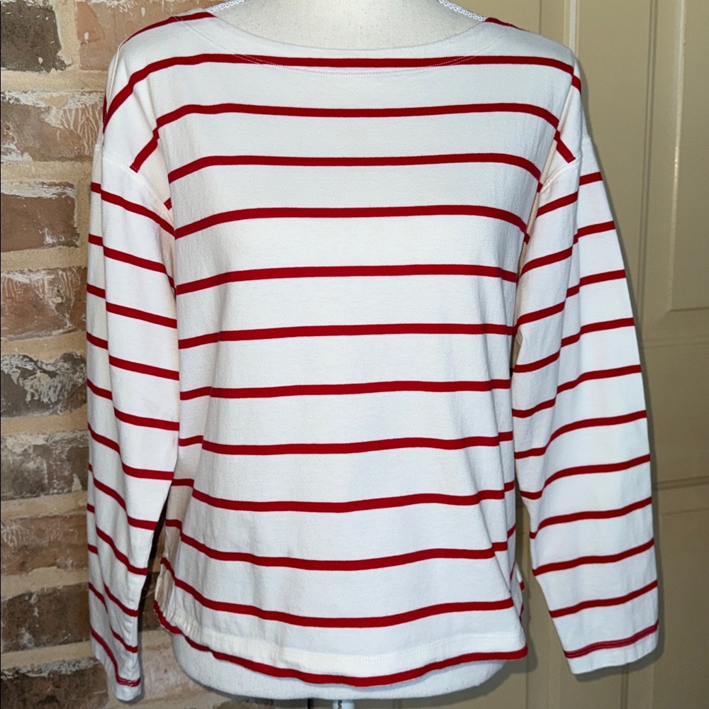 Old Navy Red and White Long-Sleeve Mariner Loose Striped Tee Sz M